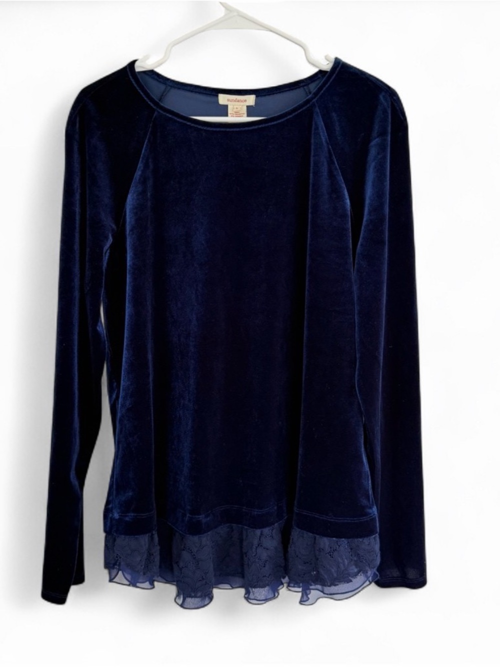 Sundance Women’s Velvet Grace Tunic Top Lace Trim Hem Navy L Preppy Boho Festive